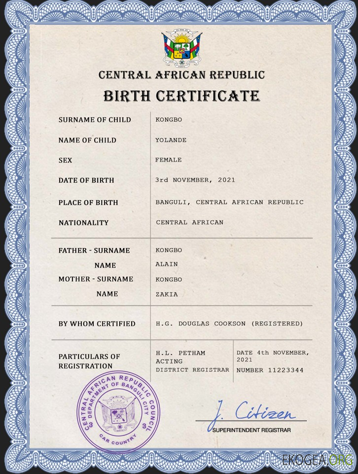 Acte de naissance en République centrafricaine